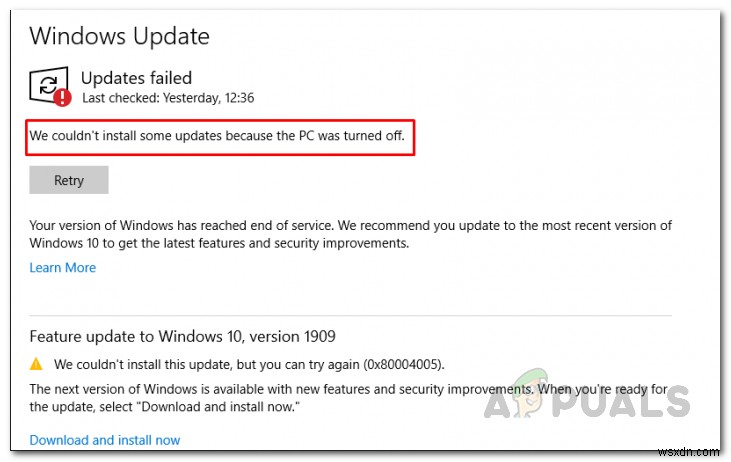 「PCの電源がオフのため、一部の更新プログラムをインストールできませんでした」エラーの解決方法