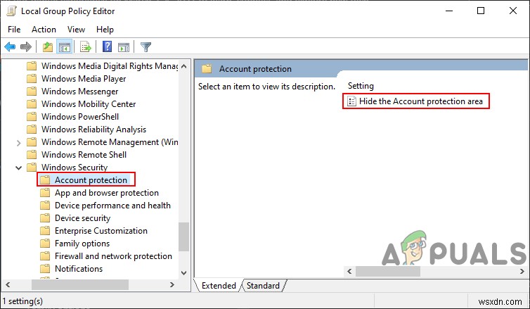Windows 10でアカウント保護領域を非表示にする2つの方法