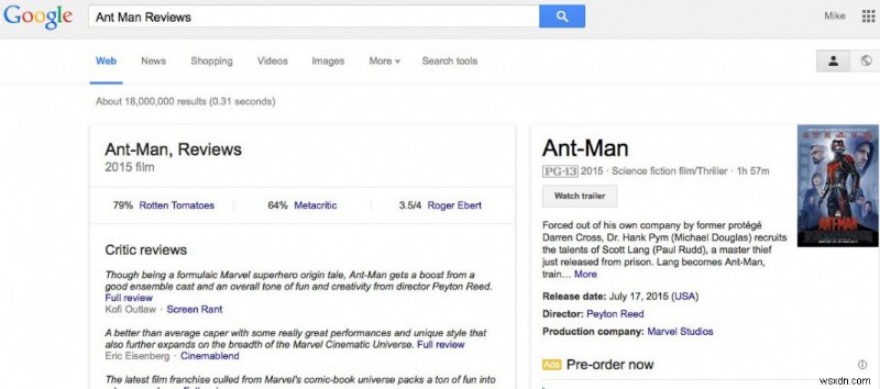 火曜日のヒント：Google検索に「reviews」を追加して映画のレビュー抜粋をすぐに表示する方法