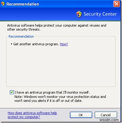 Windows XPで「コンピュータが危険にさらされている可能性があります」の警告を無効にする方法