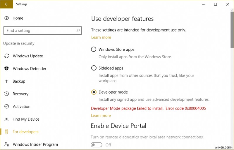 【Windows 10】エラーコード0x80004005で開発者モードパッケージのインストールに失敗する場合の対処法