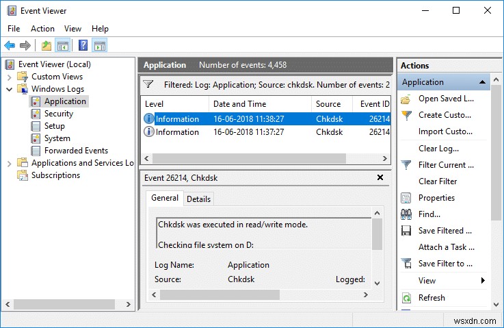 【Windows 10】Chkdsk(チェックディスク)のイベントビューアーログを確認する方法