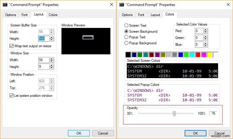 Windows 10でコマンドプロンプトの画面バッファサイズと透明度を変更する方法