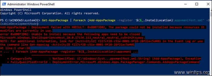 【解決済み】Windows 10 で Windows Shell Experience Host の展開が HRESULT 0x80073D02 で失敗する問題の直し方