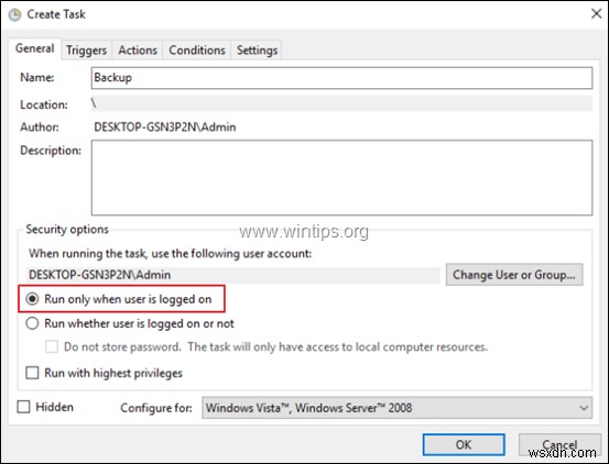 Windowsタスクスケジューラでタスクをバックグラウンド(非表示)またはフォアグラウンドで実行する方法