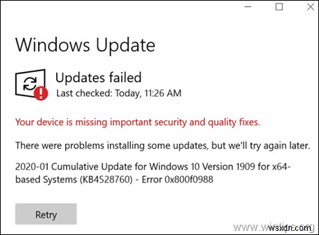 Windows 10 更新プログラム KB4528760 のエラー 0x800f0988 を解決する方法