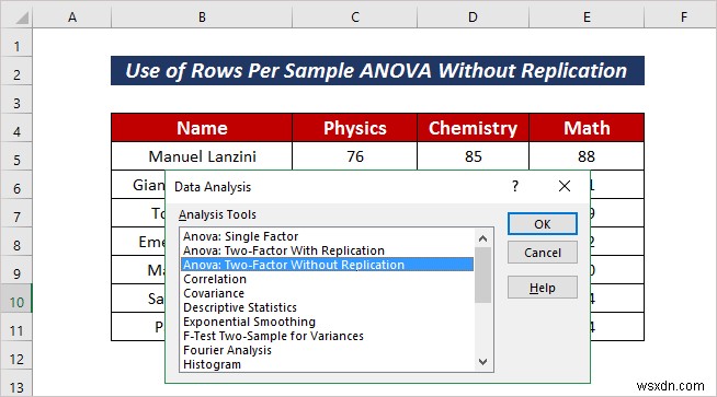 Excelでサンプルごとの行数を指定したANOVA（分散分析）を実行する2つの簡単な方法