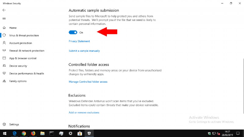 Windows 10でウイルスサンプルのMicrosoftへの自動送信を無効にする方法