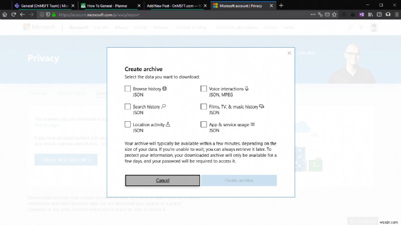 Microsoftアカウントのデータアーカイブをダウンロードする方法