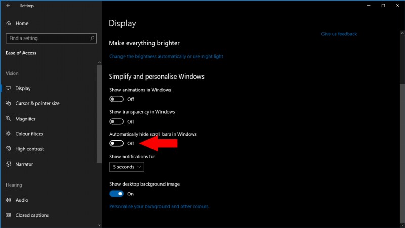 Windows 10でスクロールバーが自動的に隠れるのを無効化する方法