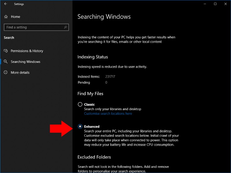 Windows 10で拡張検索を有効にする方法