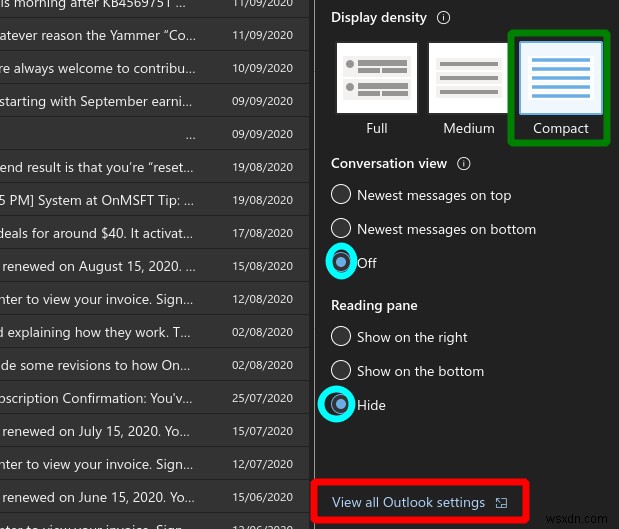 Outlook on the Webで受信トレイをコンパクト表示にカスタマイズする方法