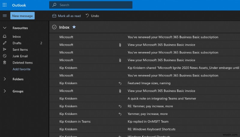 Outlook on the Webで受信トレイをコンパクト表示にカスタマイズする方法