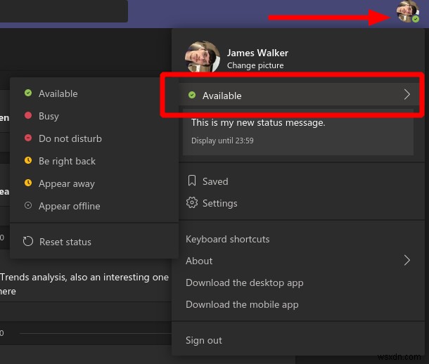 Microsoft Teamsでステータスを「応答可能」「取り込み中」「オフライン」に変更する方法