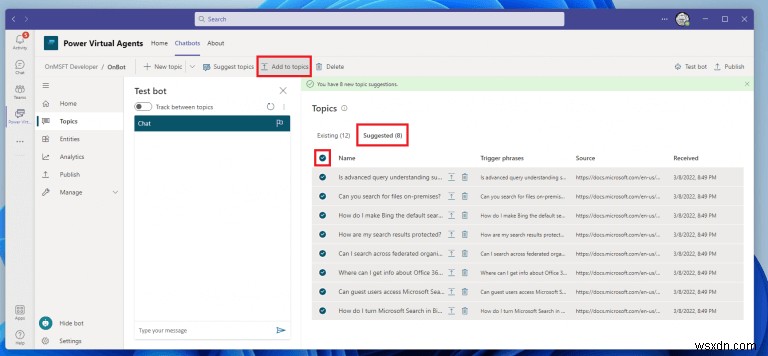 Microsoft TeamsでPower Virtual Agentsチャットボットのトピックを作成・編集する方法