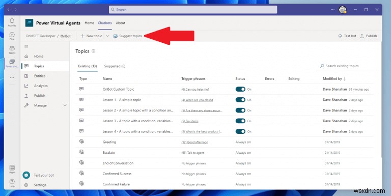 Microsoft TeamsでPower Virtual Agentsチャットボットのトピックを作成・編集する方法