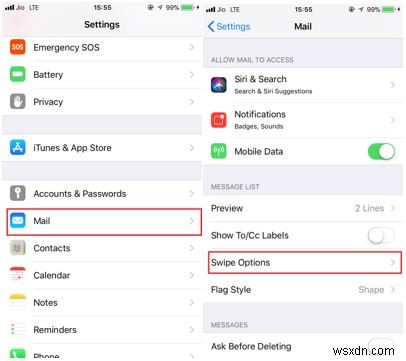 iPhoneのメールアプリでスワイプオプションを変更する方法