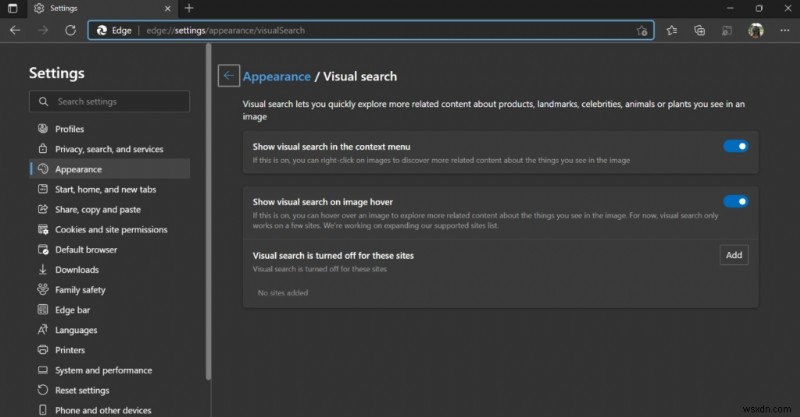 Microsoft Edgeでビジュアル検索(Visual Search)を有効・無効にする方法