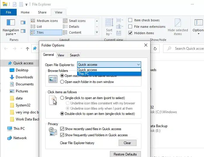【Windows 10】ファイルエクスプローラーを「クイックアクセス」ではなく「PC」で開く方法