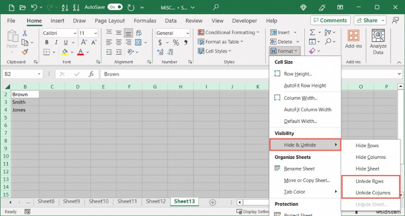 Excelで非表示にした1行目・A列を再表示する方法