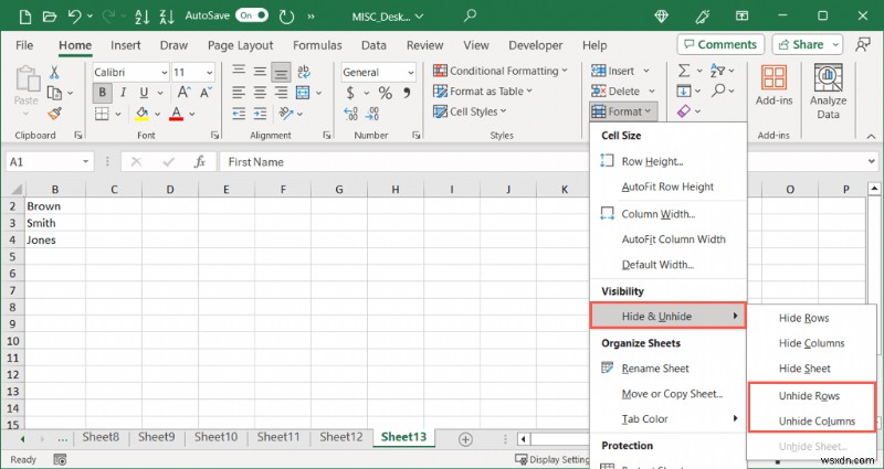 Excelで非表示にした1行目・A列を再表示する方法