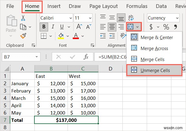 Microsoft Excelでセルの結合を解除する4つの簡単な方法
