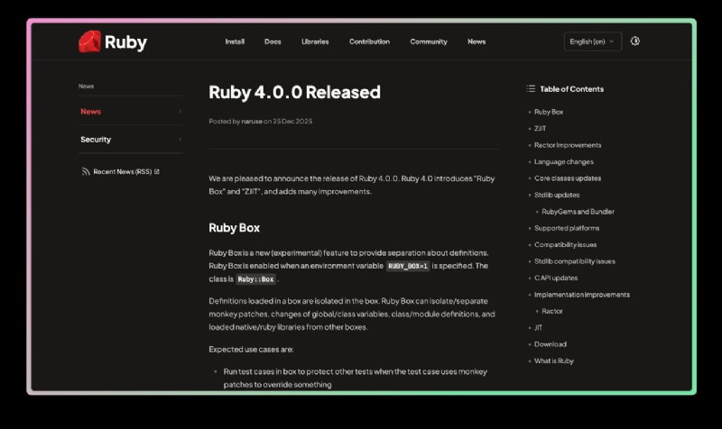 Ruby 4.0の主要機能とリリースハイライト、アップグレードガイド