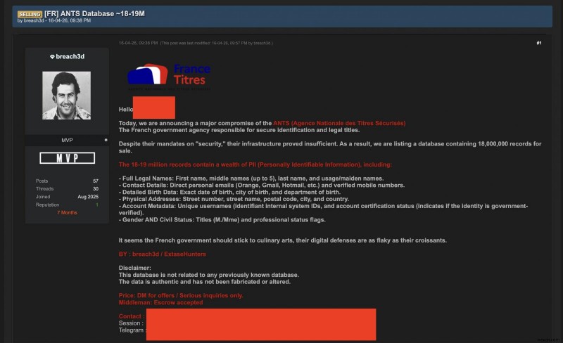 フランス政府機関ANTSの流出データを販売した疑いで15歳の少年を逮捕