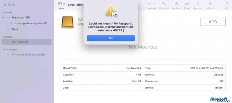 macOSでcom.apple.DiskManagement.disenterエラー49223を修正する方法|外部ドライブをマウントする簡単な手順