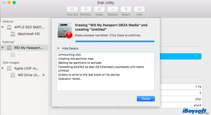 macOSのディスクユーティリティエラー69760を解決：「デバイスの最後のブロックに書き込めません」