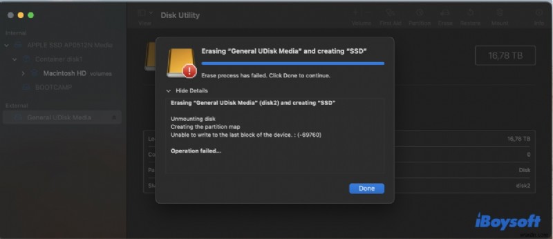 macOSのディスクユーティリティエラー69760を解決：「デバイスの最後のブロックに書き込めません」