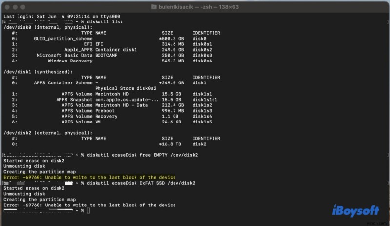 macOSのディスクユーティリティエラー69760を解決：「デバイスの最後のブロックに書き込めません」