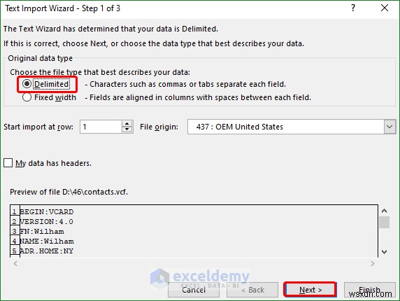 ExcelでVCF（vCard）ファイルを開く2つの簡単な方法【テキストウィザード＆Power Query】