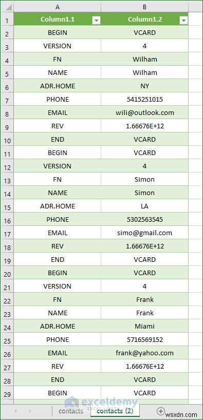 ExcelでVCF（vCard）ファイルを開く2つの簡単な方法【テキストウィザード＆Power Query】