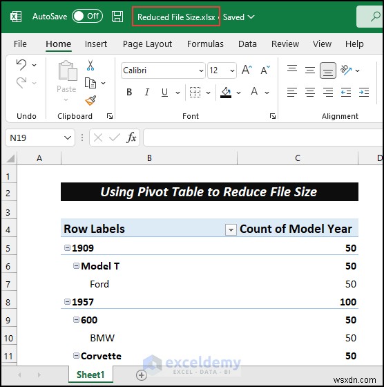 ピボットテーブルでExcelファイルのサイズを素早く75%削減する方法