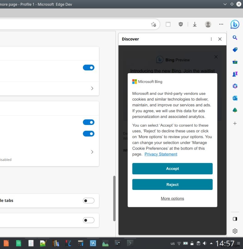 Microsoft Edge ツールバーの Bing/Discover ボタンを無効にする方法