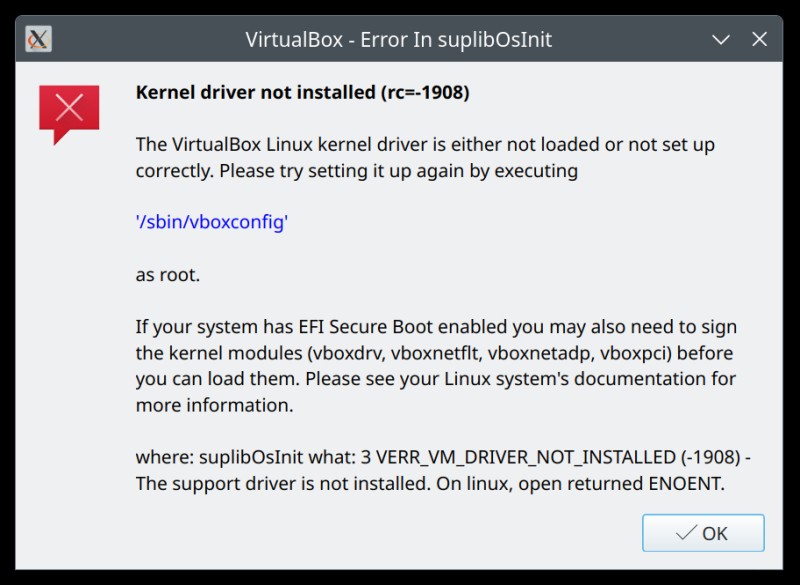 【Linux】VirtualBoxの「Kernel driver not installed」エラーの原因と解決方法