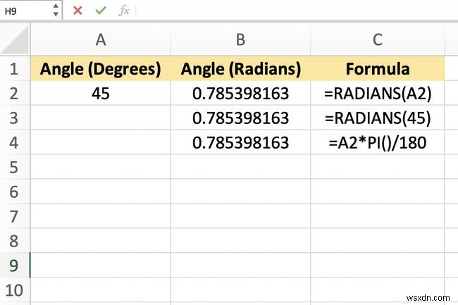 Excelで角度を度からラジアンに変換する方法 