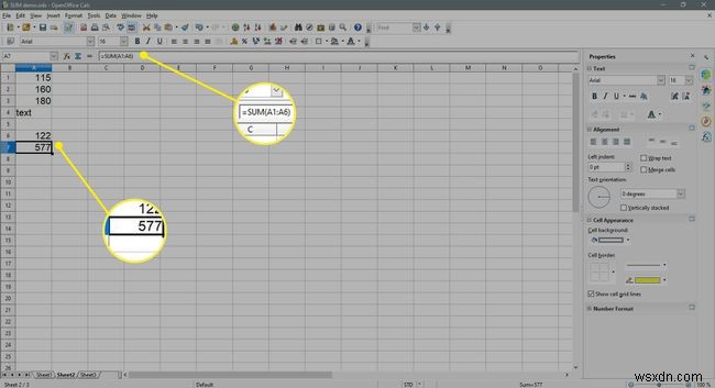 OpenOfficeCalcで数値の列または行を合計する方法 