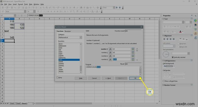 OpenOfficeCalcで数値の列または行を合計する方法 