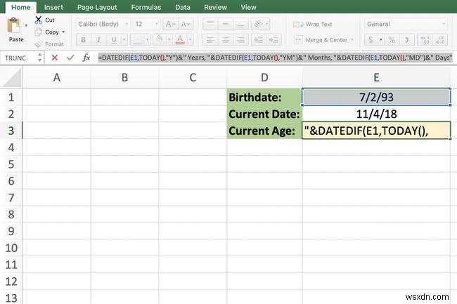 ExcelのDATEDIF関数を使用して現在の年齢を計算する 