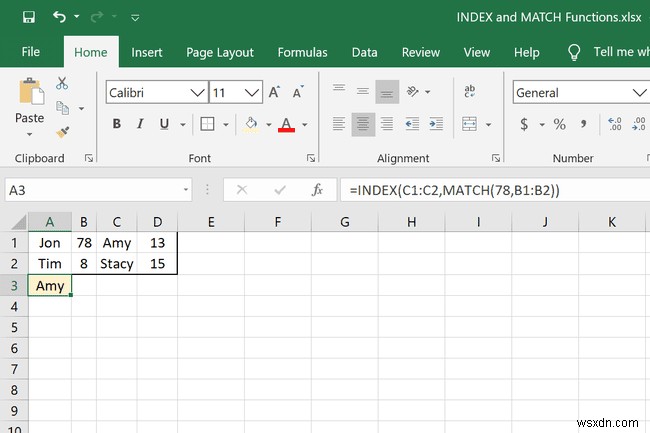 ExcelでINDEXおよびMATCH関数を使用する方法 