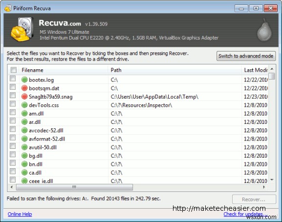 Windows7でRecuvaPortableを使用して削除されたファイルを復元する方法 