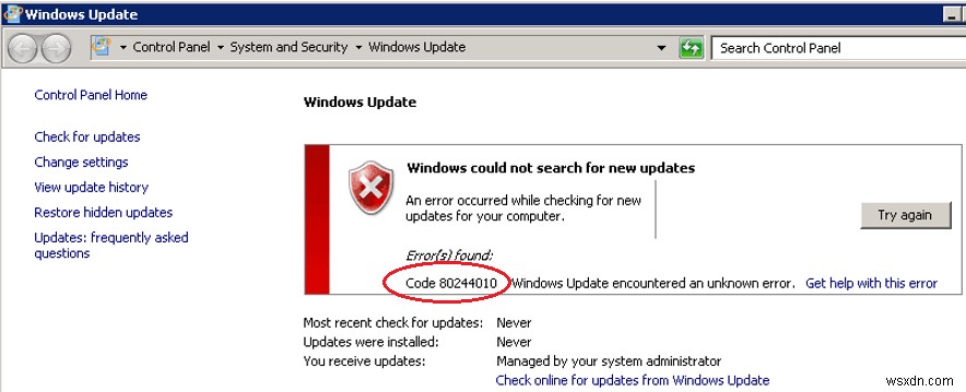 WSUS Windows Updateエラー0x80244010：サーバーの最大ラウンドトリップを超えました 