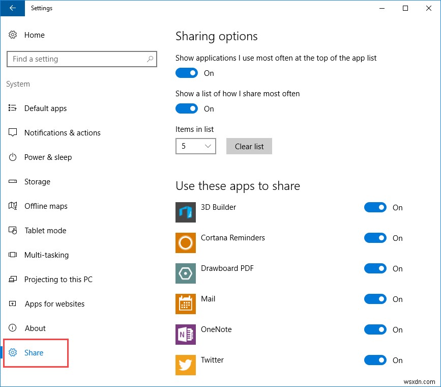 Windows10設定アプリで「共有設定」オプションを有効にする方法 