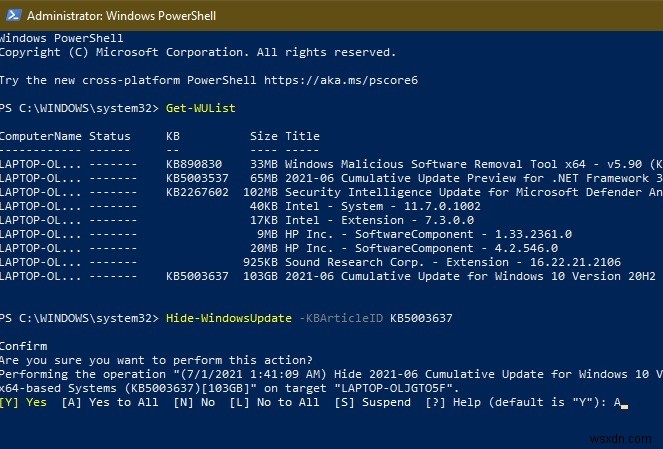 Windows10でPowerShellを使用して更新を非表示にする方法 