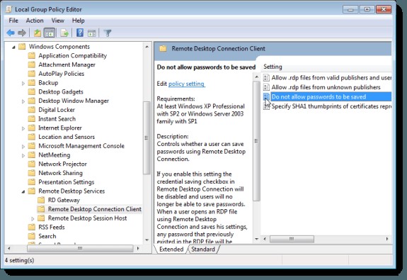 Windowsでのリモートデスクトップ資格情報の保存を防止する 