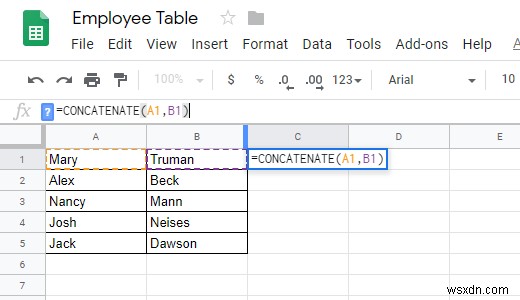 GoogleスプレッドシートでCONCATENATE関数を使用する方法 