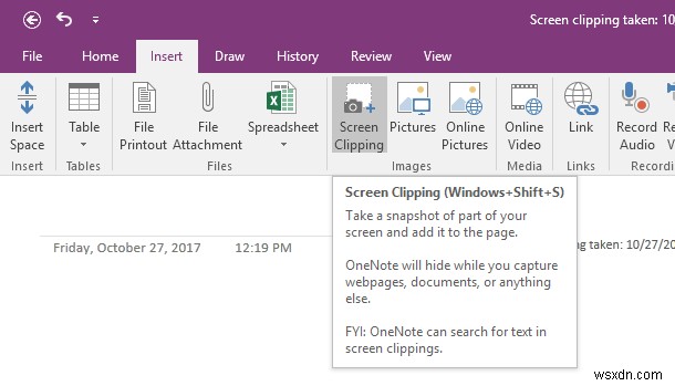 OneNoteを使用してスクリーンショットを撮って挿入する方法 