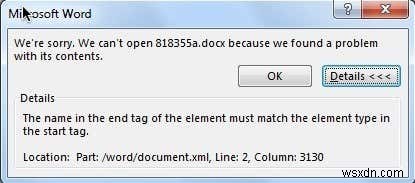 DOCXファイルを開くときの終了タグ開始タグの不一致エラーを修正 